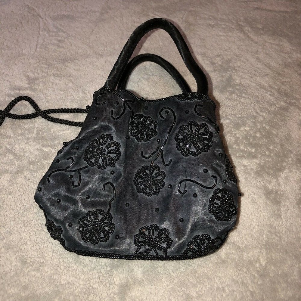 Vintage SASHA Black Satin Handmade Beaded Evening Bag with Crossbody Strap